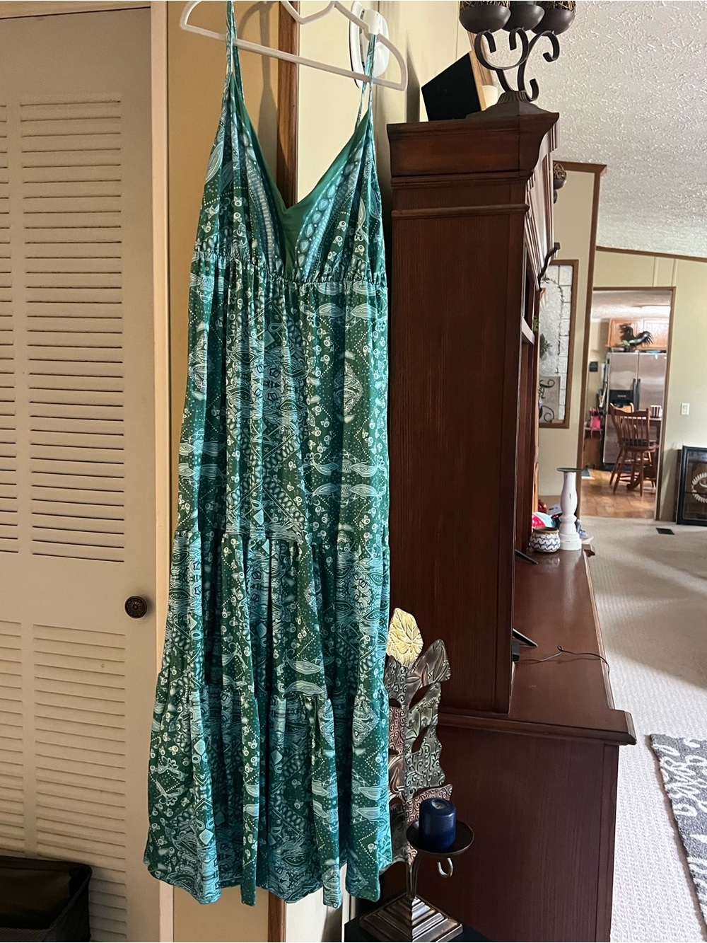 Teal Patterned V-Neck Maxi Dress with Spaghetti Straps